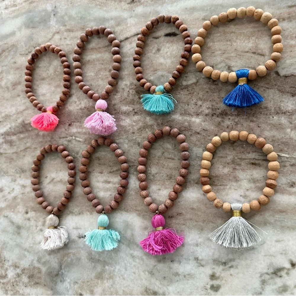 Set of 8 Wood Beaded Colorful Tassel Bracelets - Beach / Boho / Vacation
